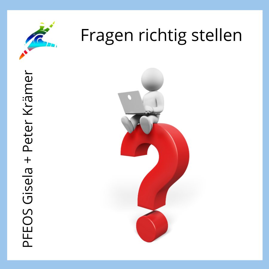 Figur mit Laptop sitzt auf einem großen roten Fragezeichen – Symbol für kluges Fragen