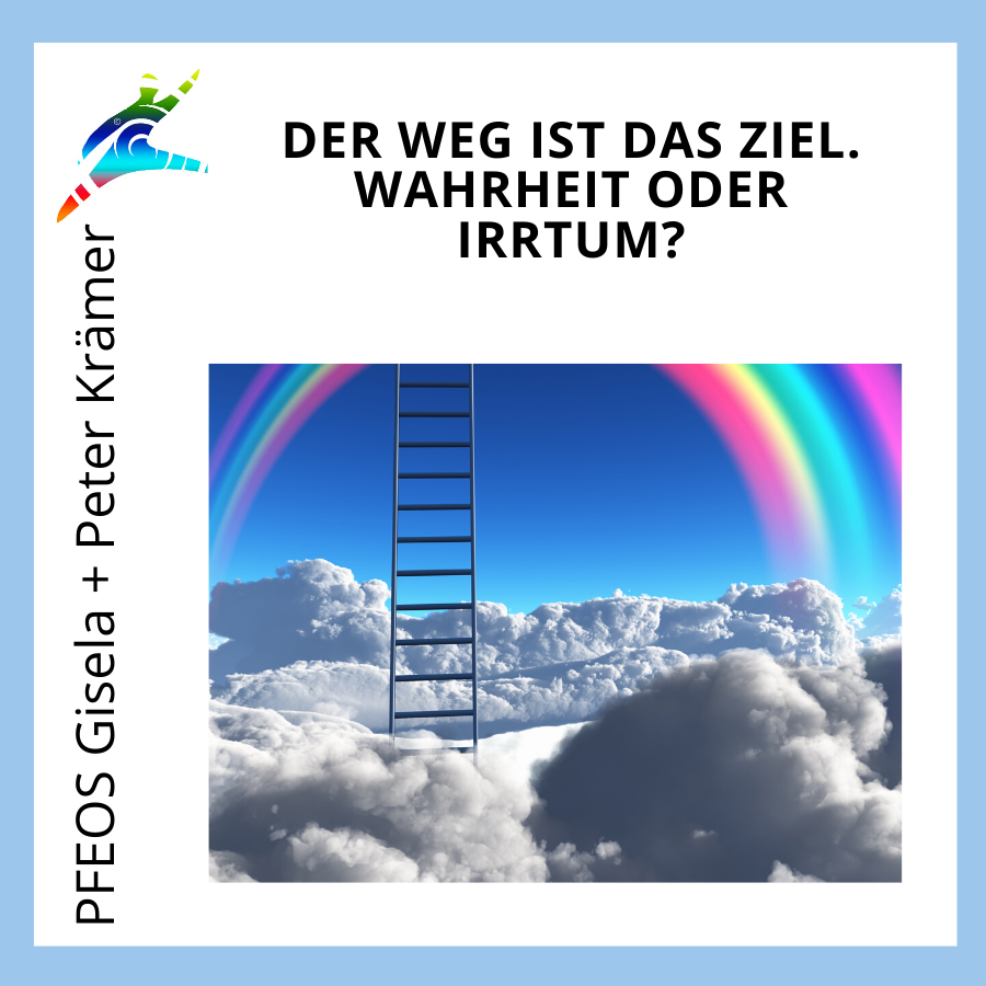 Eine Himmelsleiter zwischen Wolken mit Regenbogen als Symbol für den Lebensweg.